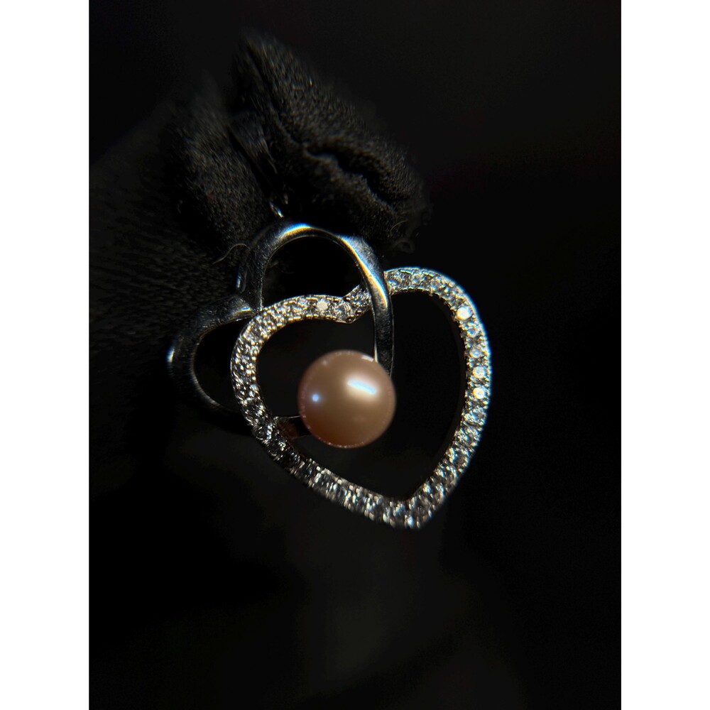 Vintage Sterling Silver 925 CZ Pearl Double Heart Pendant